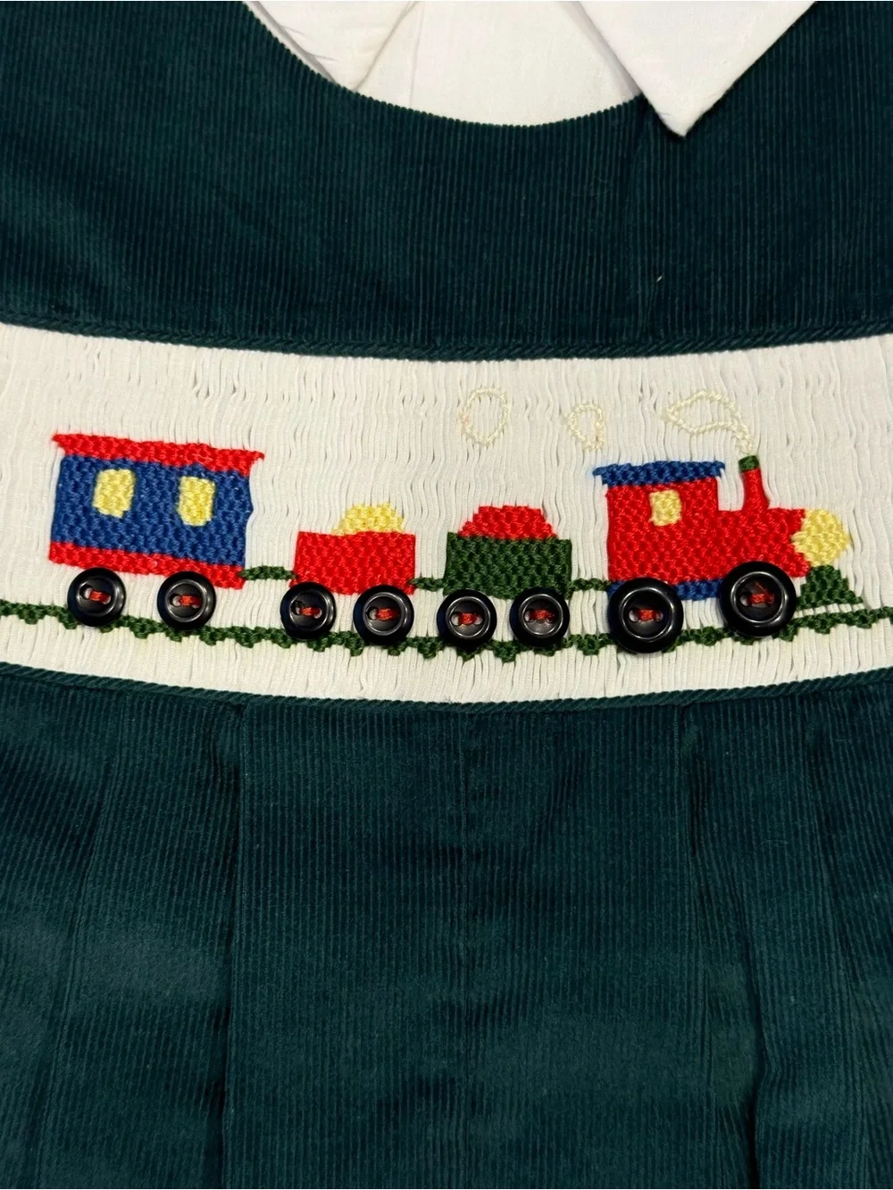 House of Hatten Vintage Dark Green Smocked Train Overalls with White Shirt 18 mo
